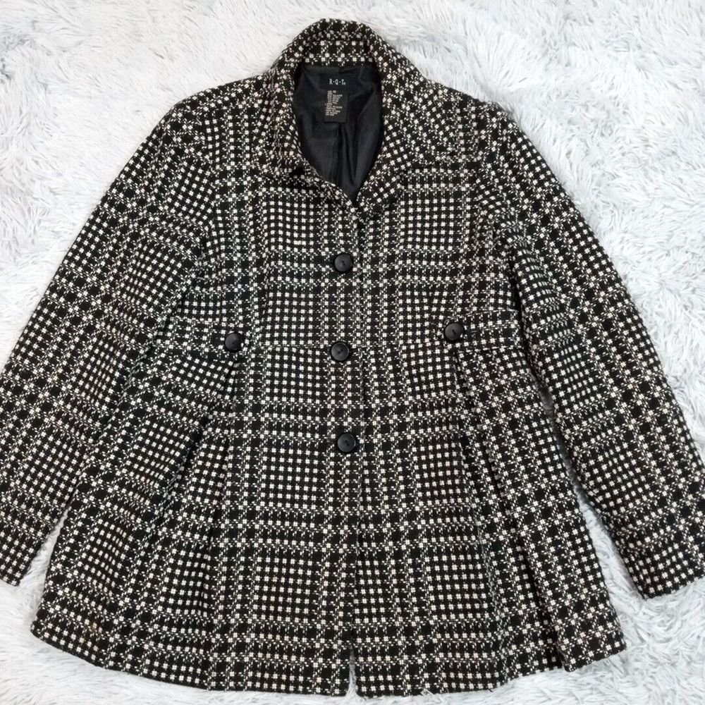 RQT Jacket Womens 10 Black‎ White Wool Blend Peacoat Button Up Career Casual